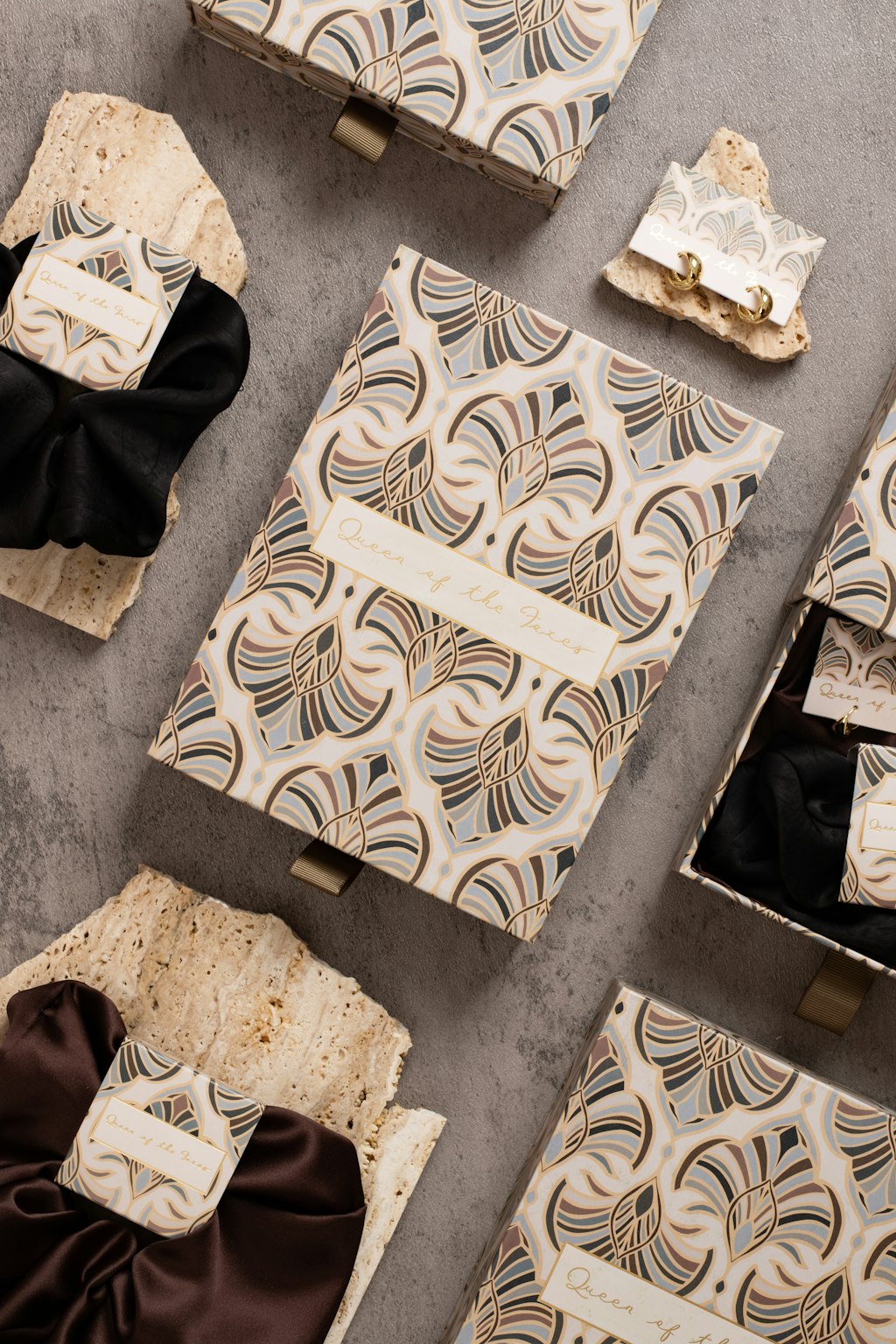 Chocolate and Black Scrunchies, gorgeous gold earrings and Art Deco Gift Box