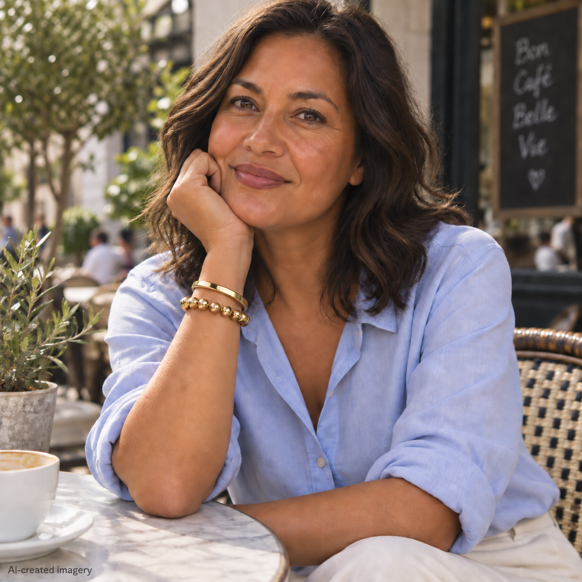 Woman in a pale blue shirt wearing the gold Classic Bead Bracelet beside a smooth gold bangle at a café.
