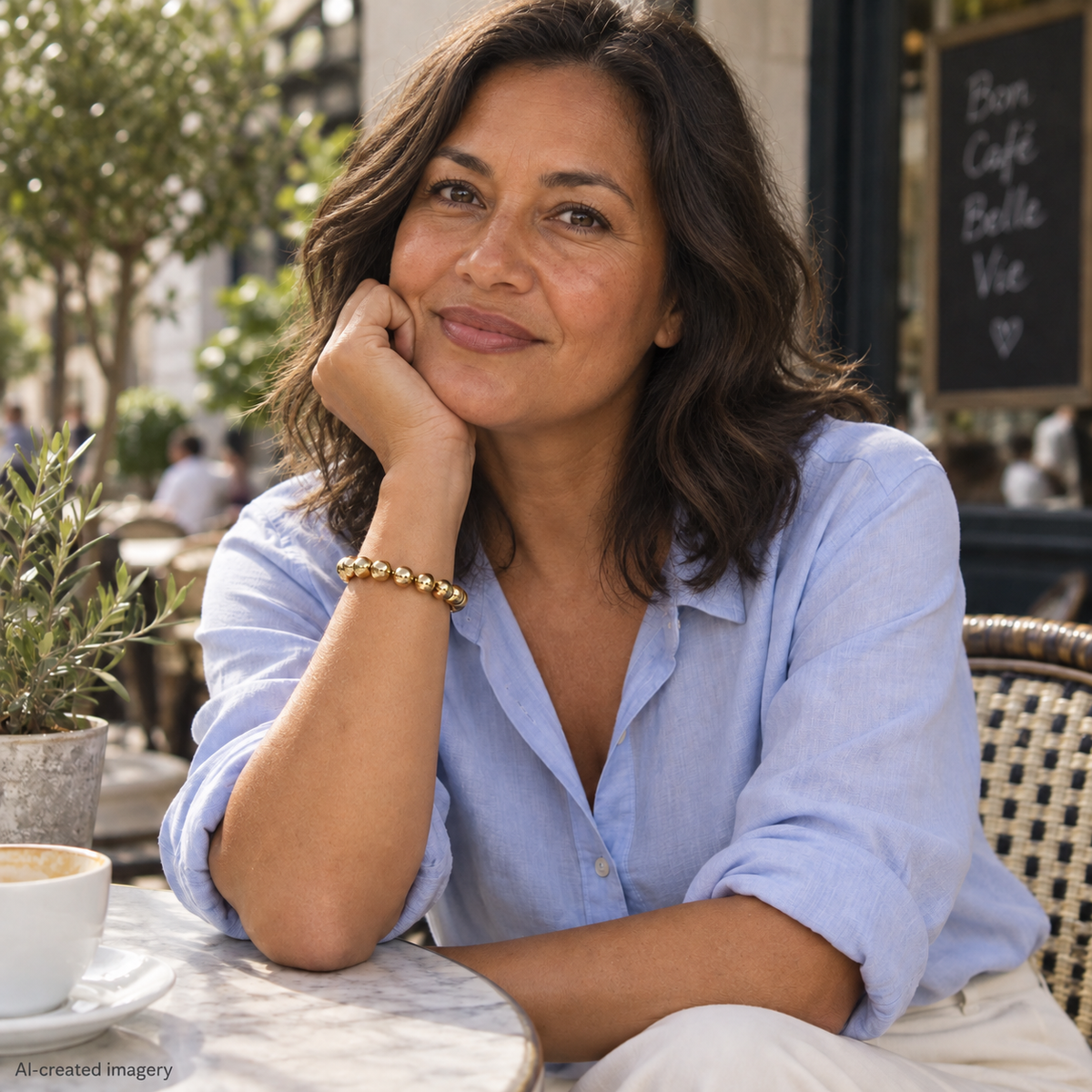 Woman in a pale blue shirt wearing the Queen of the Foxes gold Classic Bead Bracelet, resting her chin on her hand at a café.