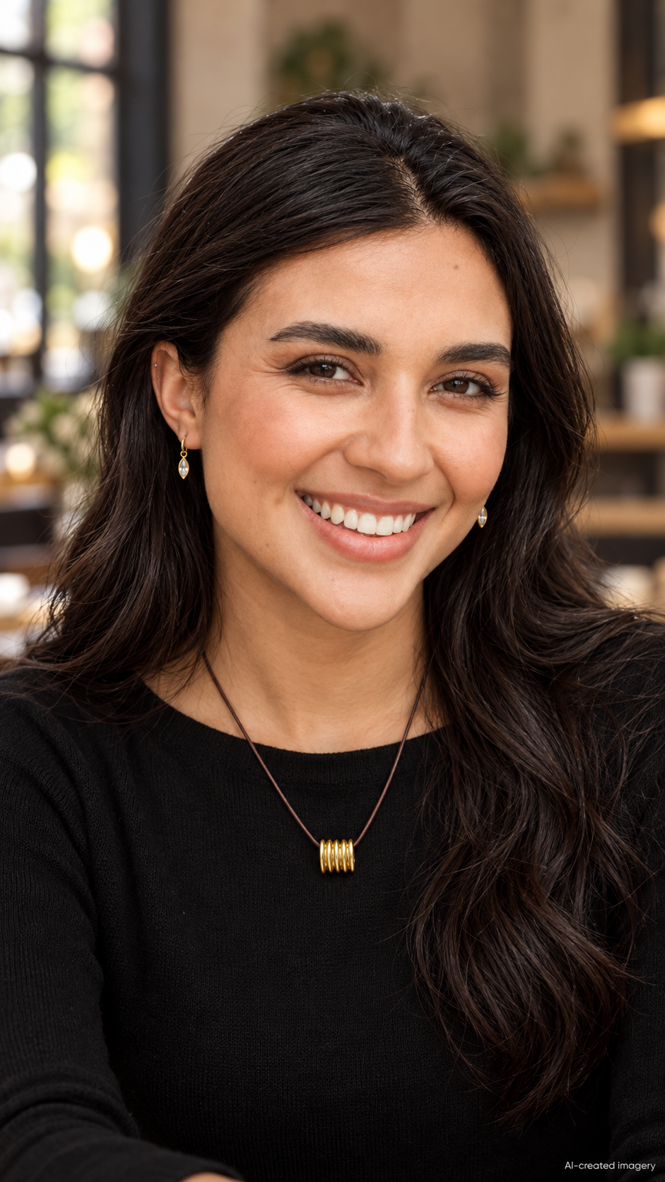AI-edited model wearing delicate gold Diamond-clear Single Drop earrings and a brown cord pendant necklace with a black top in a café.