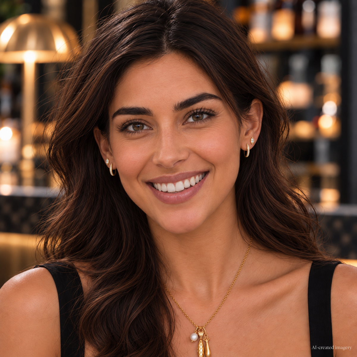 Model wearing a clear Marquise Stud above a delicate gold sleeper earring, wearing a black dress in a restaurant.
