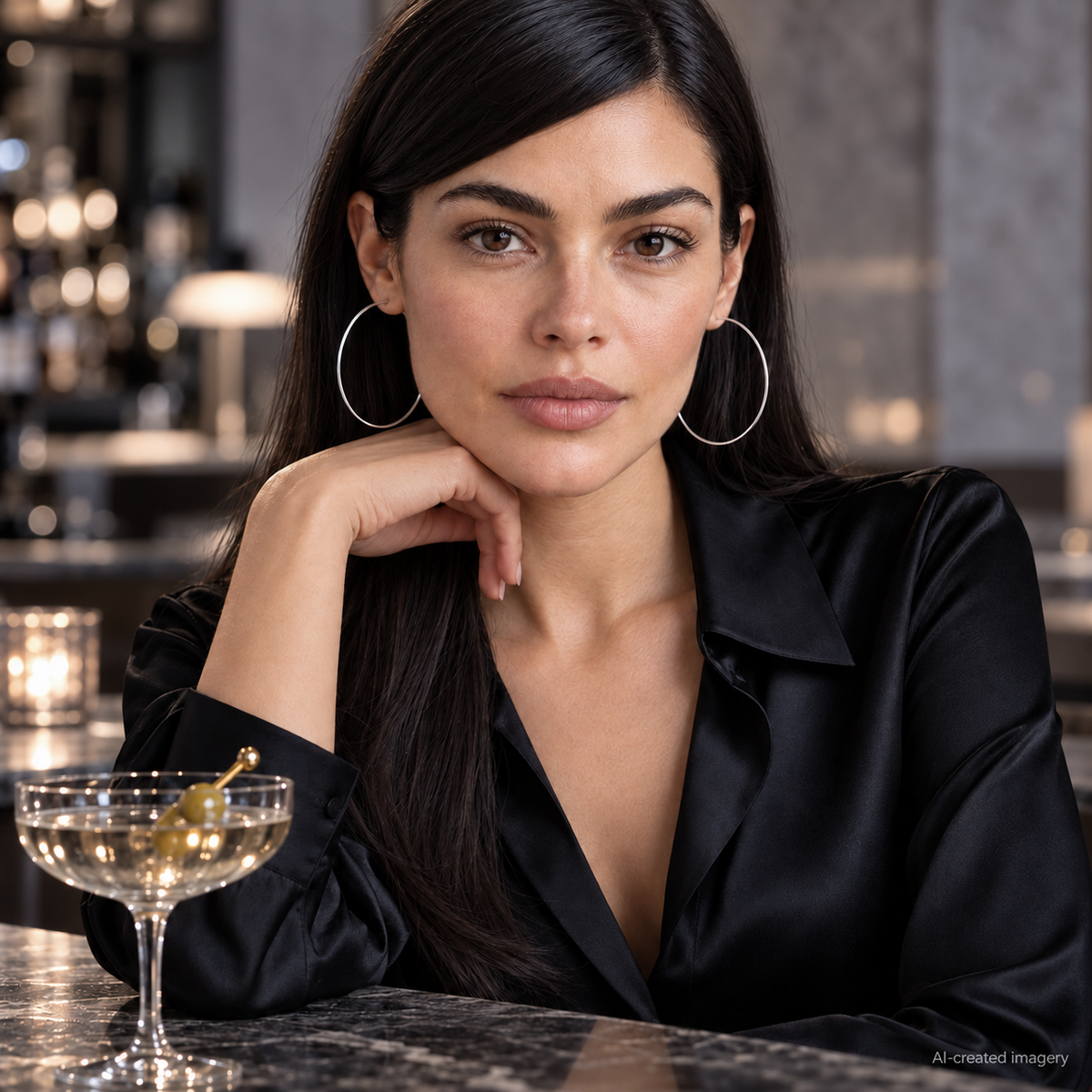 Brunette model facing the camera wearing fine silver hoop earrings with a black top.