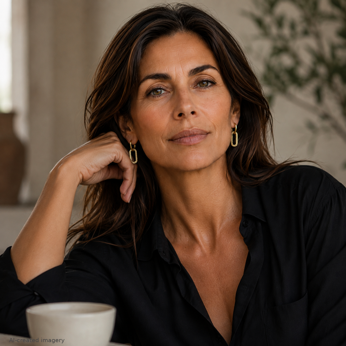 Woman in a black blouse wearing Queen of the Foxes gold-plated Madison Earrings, seated at a table with a ceramic cup.