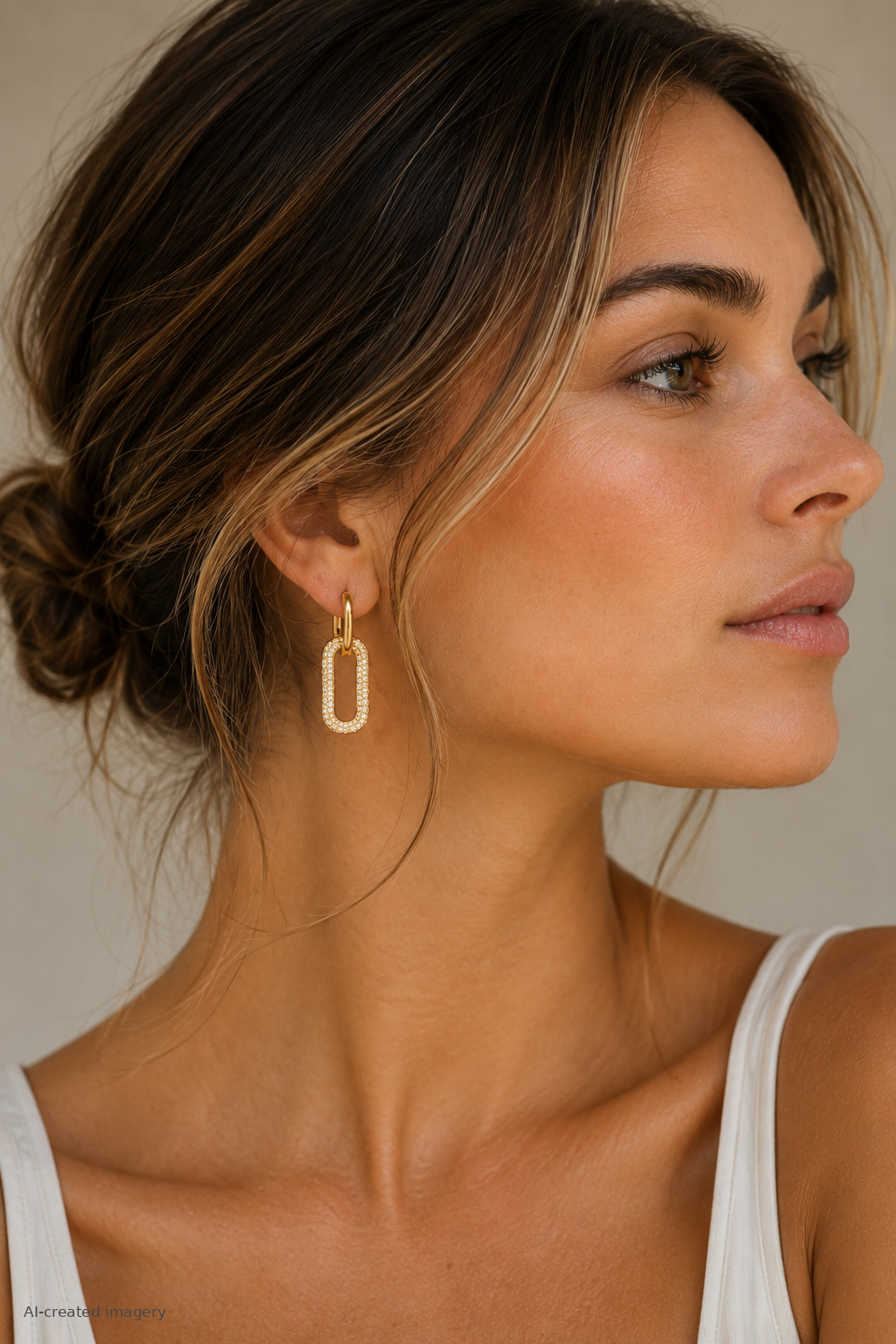 Close-up of Queen of the Foxes gold-plated Madison Earrings showing the zirconia detailing on the rectangular drops and small hoop fittings.