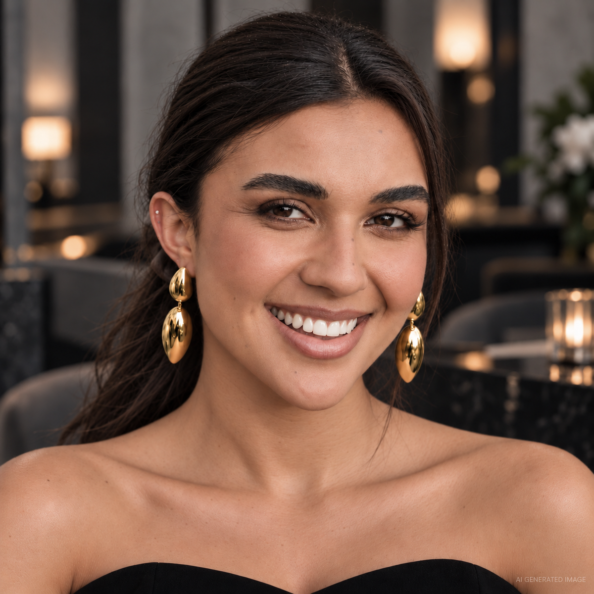 AI-edited portrait of a brunette wearing gold Origin drop earrings and a black strapless dress in an evening lounge.
