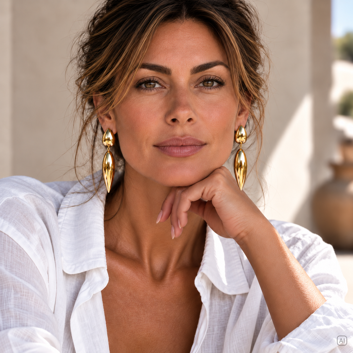 I-created model facing the camera in a white shirt, with her hair up and gold Origin statement earrings visible.