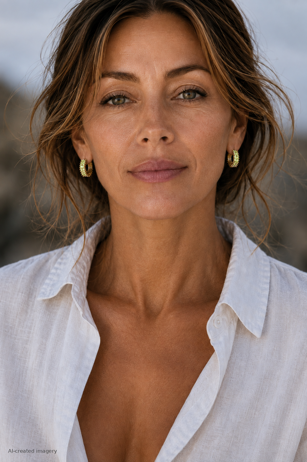 Woman wearing Queen of the Foxes gold-plated Perfect Huggie Earrings with peridot-green zirconia stones, styled with a white linen shirt.