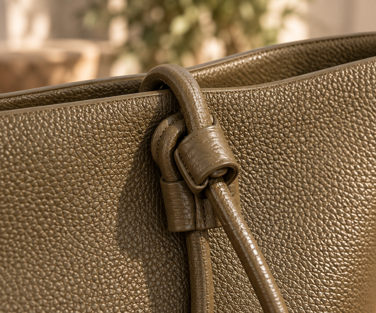 Close-up of the olive Perfect Tote showing pebbled vegan leather and knotted handle detailing.