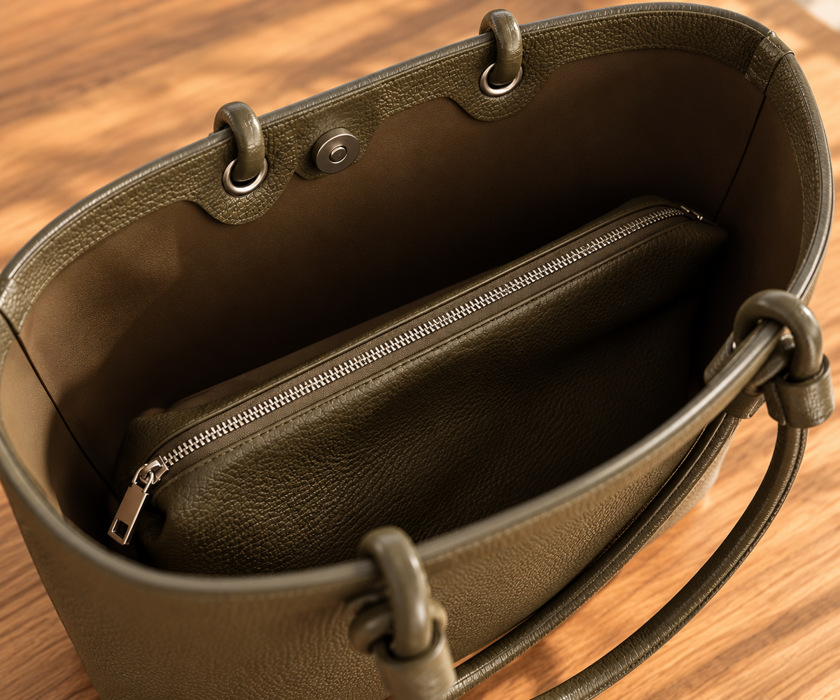 Inside the spacious olive Perfect Tote showing the magnetic closure and matching removable zippered dumpling bag.