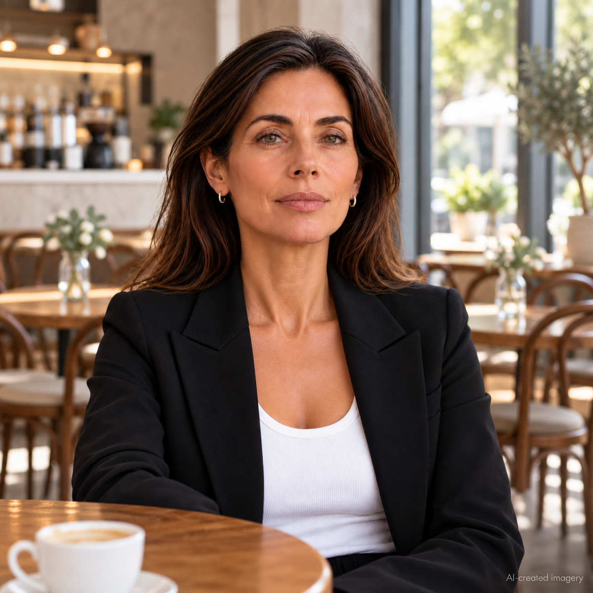AI-created model wearing delicate gold Petite Fine Sleeper earrings with clear zirconias, styled with a black blazer in a cafe setting