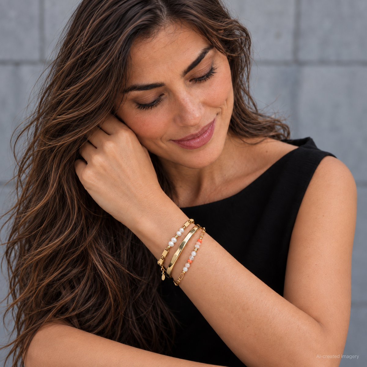 Precious Stones + Chain Bracelet with peach, white and orange beads, stacked with a gold bangle and pearl bracelet on a model.