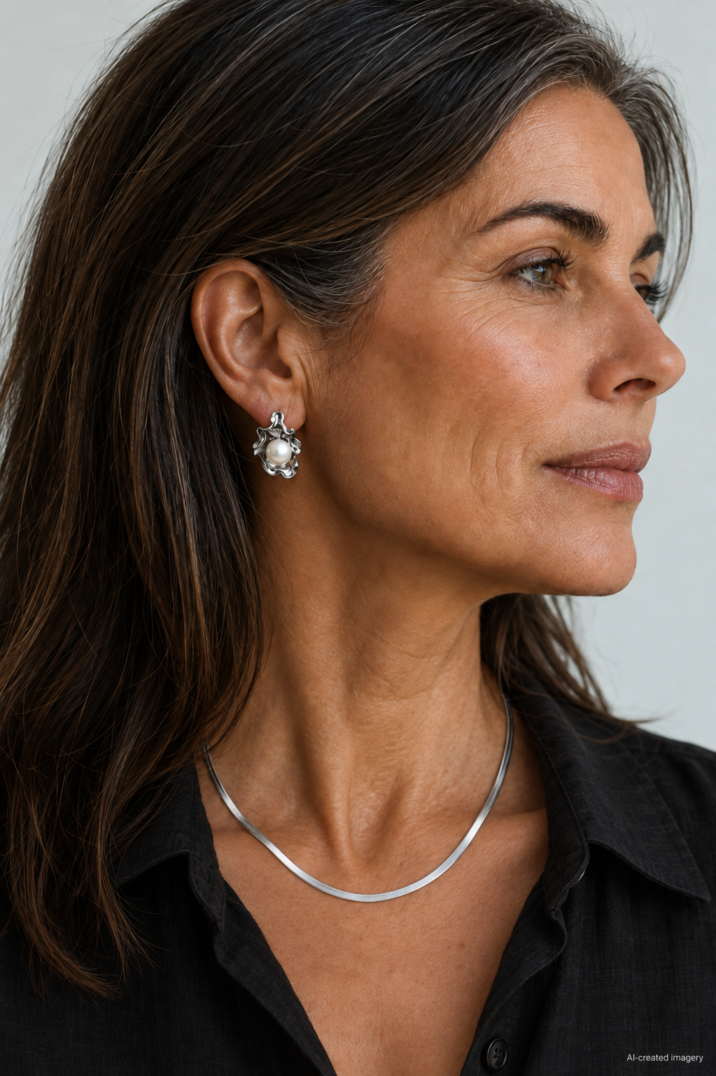 AI-created model wearing silver Ruched Pearl Earrings with a black shirt and silver necklace, looking to the right.