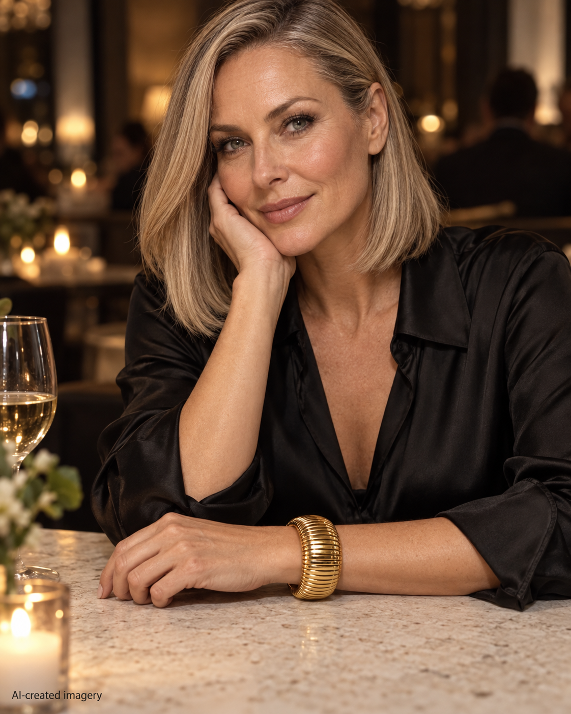 Woman in a black silk blouse wearing the Queen of the Foxes gold-plated Thick Banded Bracelet at a candlelit restaurant table.