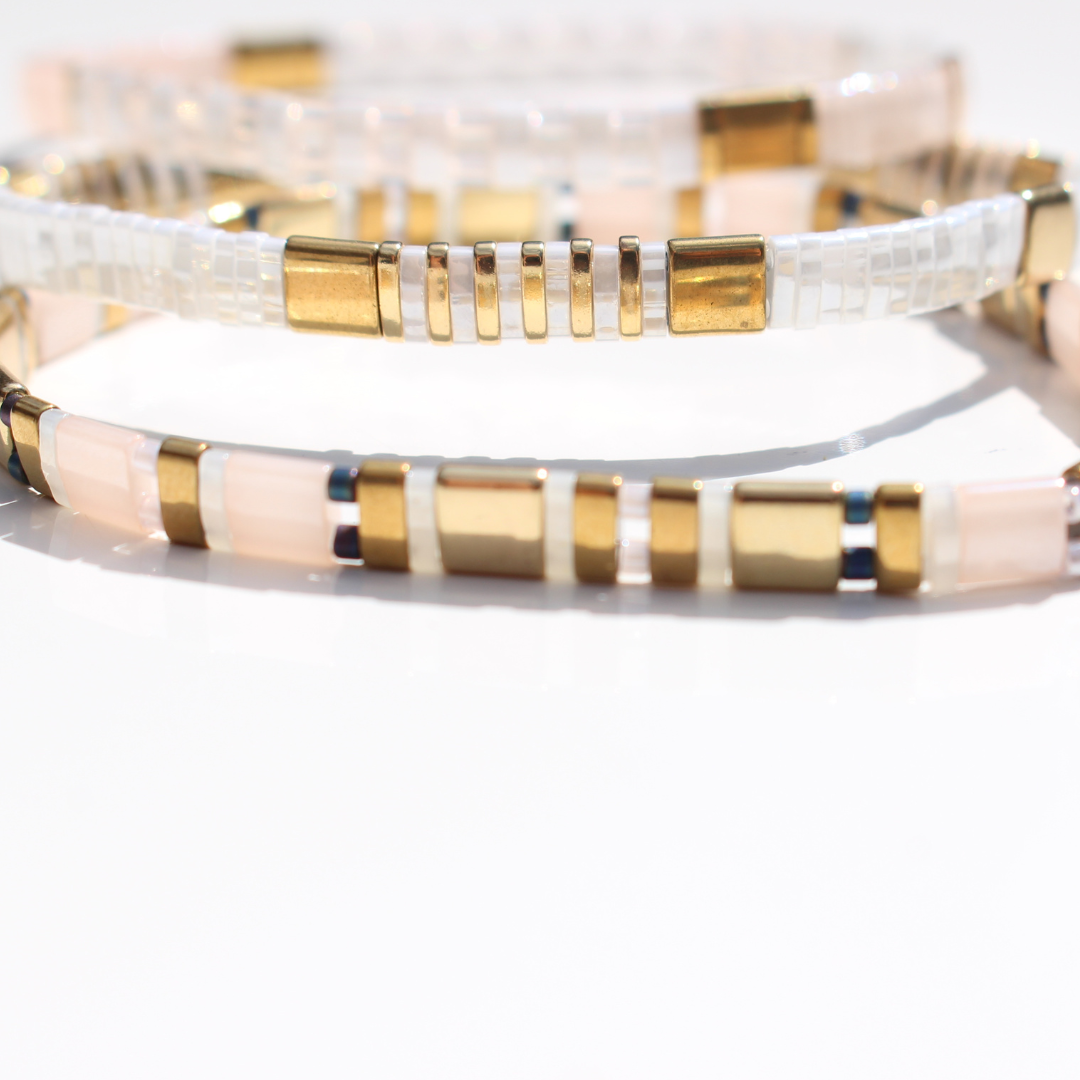 Bracelet | Glass Bead - Trio Blush, White + Gold