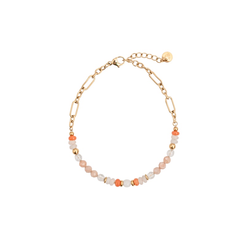 These beautiful semi-precious stone bracelets, combined with textured gold links, are essential for achieving that effortless boho look—pure perfection with a cocktail in hand and a sun-kissed glow.
PINK AVENTURINE: strength, confidence, courage + happiness - MILKY QUARTZ: clarity, purity + alignment SUNSTONE: spirituality WHITE JADE: calm + peace - AGATE: balance