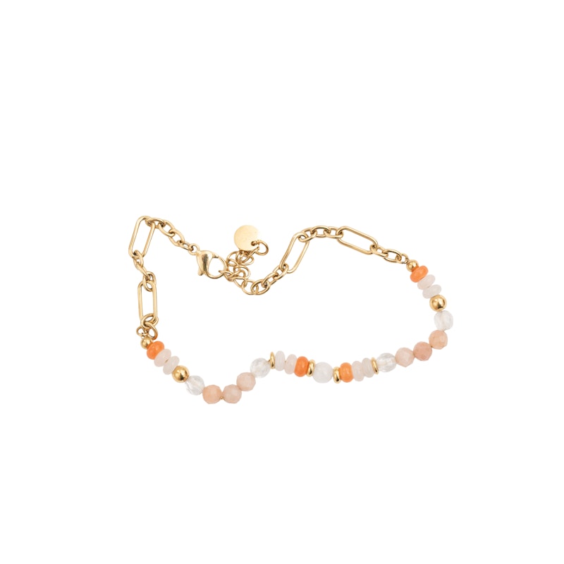 These beautiful semi-precious stone bracelets, combined with textured gold links, are essential for achieving that effortless boho look—pure perfection with a cocktail in hand and a sun-kissed glow.
PINK AVENTURINE: strength, confidence, courage + happiness - MILKY QUARTZ: clarity, purity + alignment SUNSTONE: spirituality WHITE JADE: calm + peace - AGATE: balance