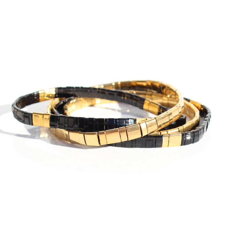 Glass Bead Bracelets Black + Gold