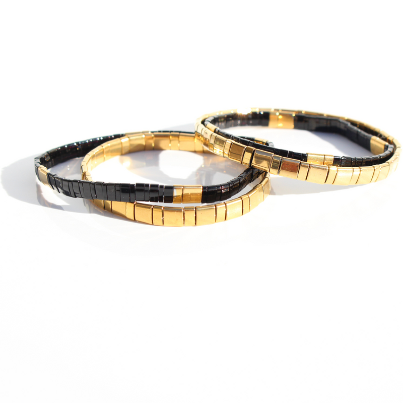 Glass Bead Bracelets Black + Gold