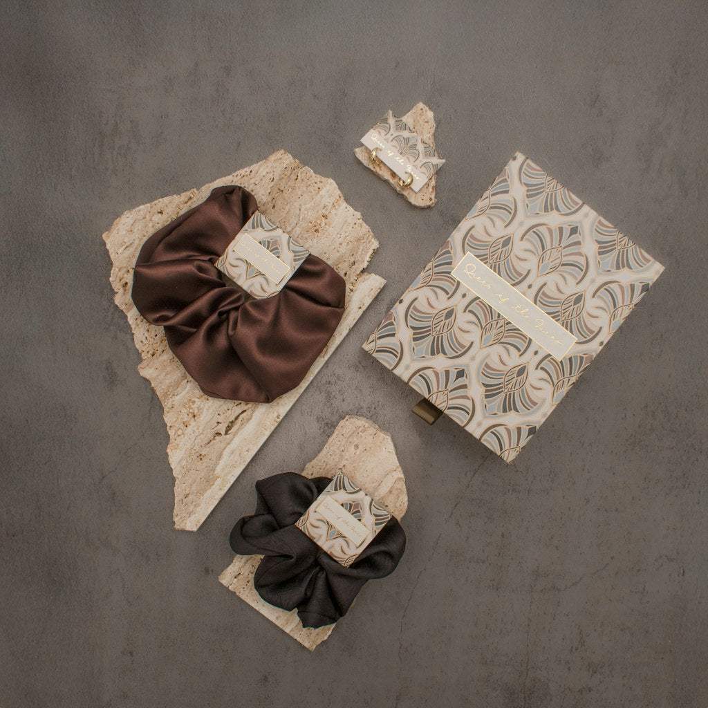 Chocolate and Black Scrunchies, gorgeous gold earrings and Art Deco Gift Box