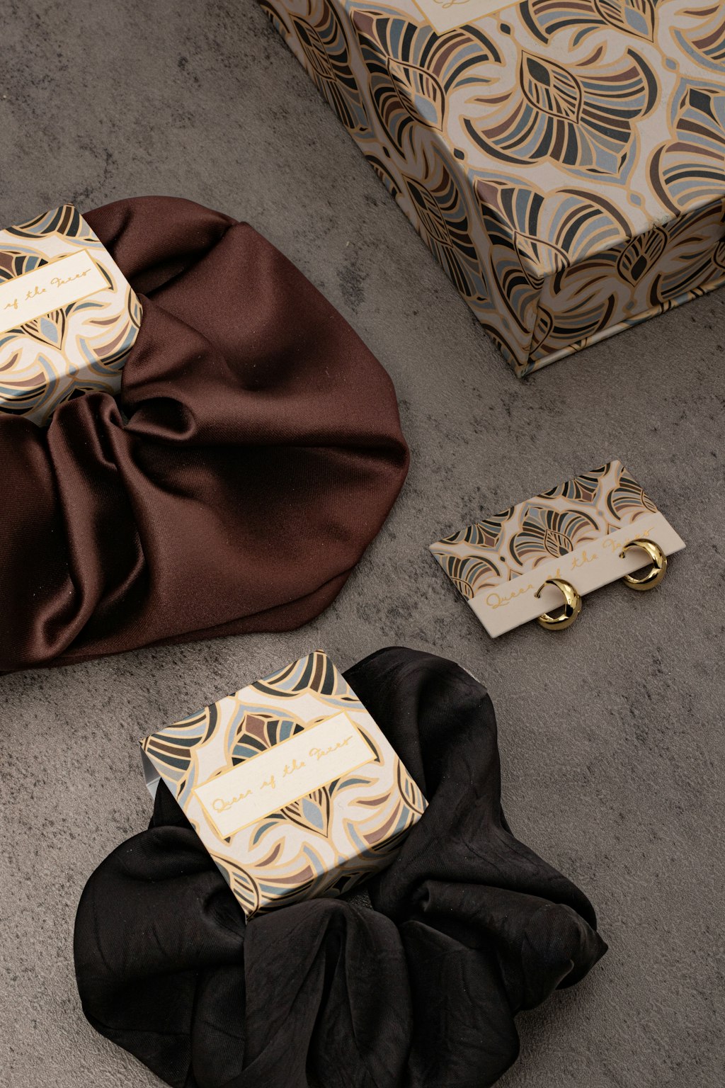 Chocolate and Black Scrunchies, gorgeous gold earrings and Art Deco Gift Box