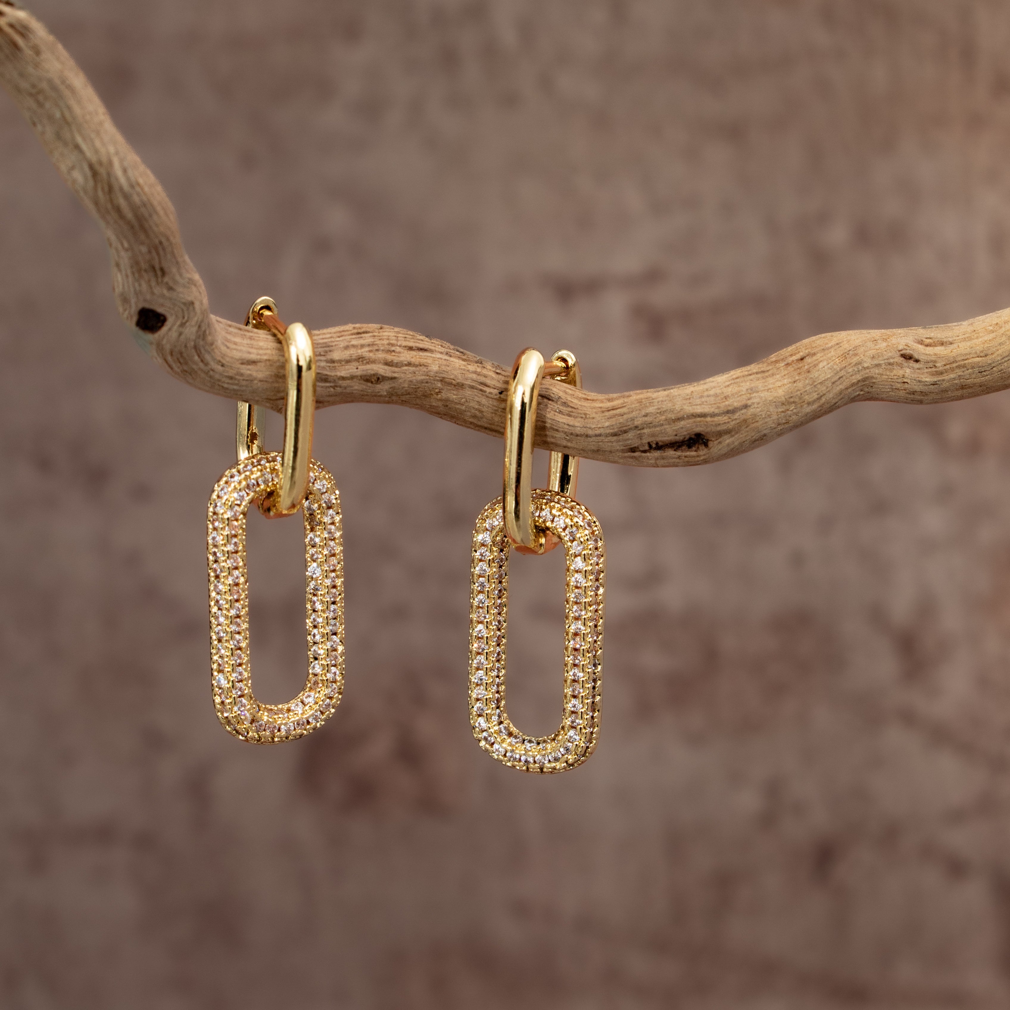 Gold hoop and zirconia earrings hanging on a branch with a brown background