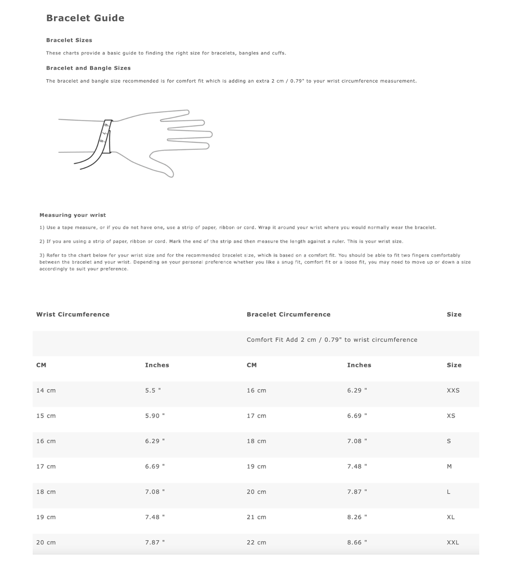 Bracelet sizing guide showing how to measure wrist circumference and compare measurements with bracelet sizes.