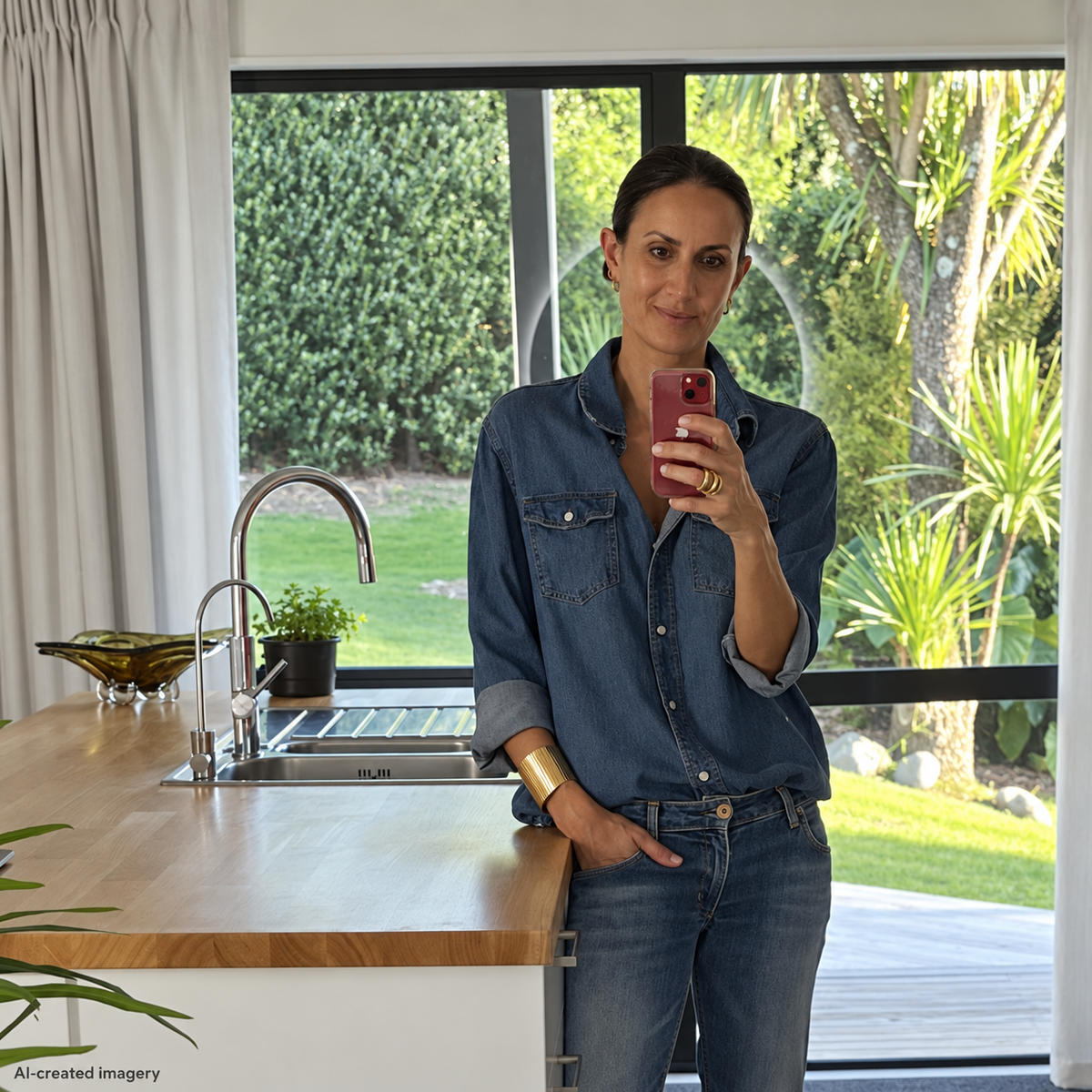 Woman in a denim shirt and jeans wearing the Queen of the Foxes gold Celestial Cuff, with her hand resting at her pocket.