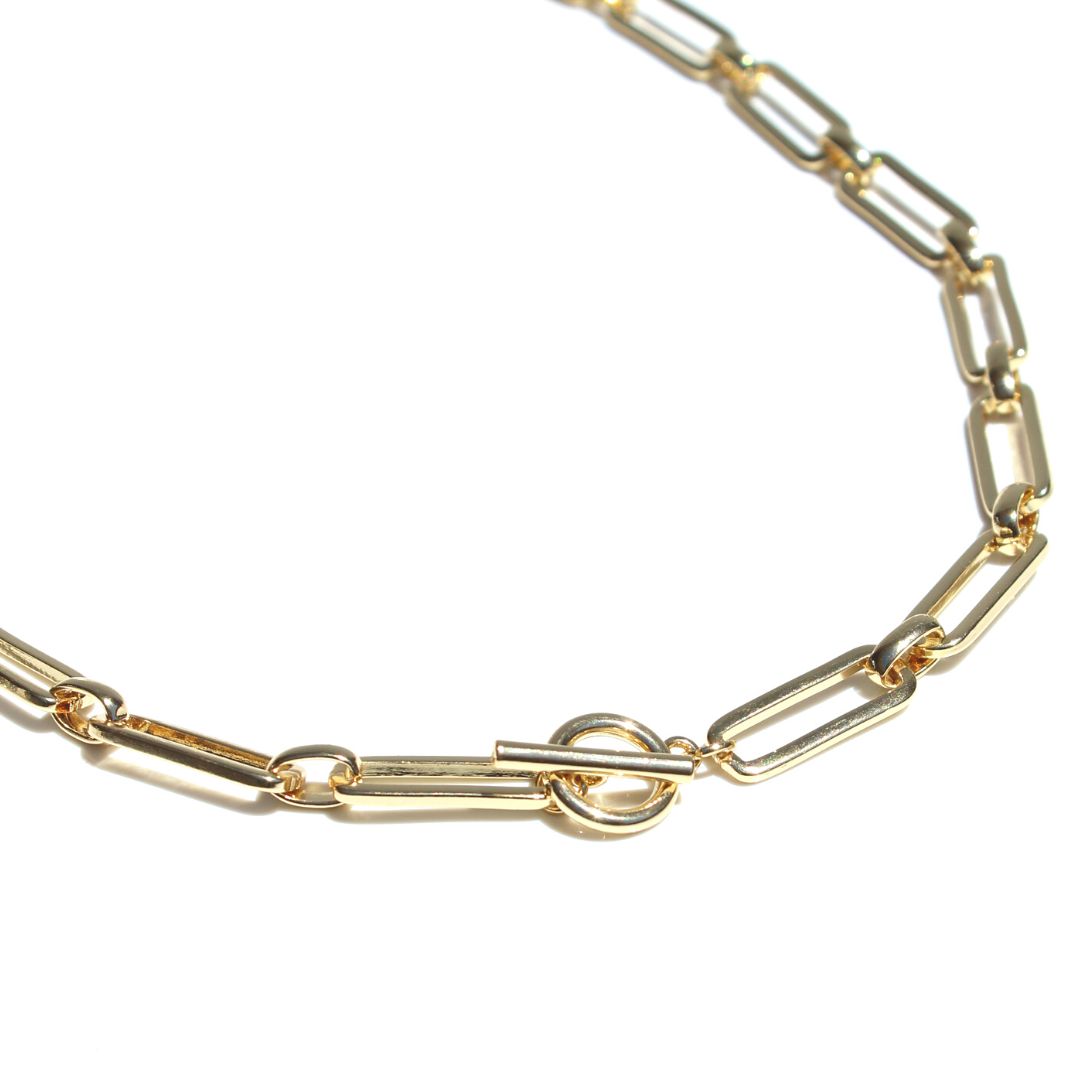 Gold Classic Link Necklace showing elongated rectangular links and a ring-and-bar fob clasp on white.