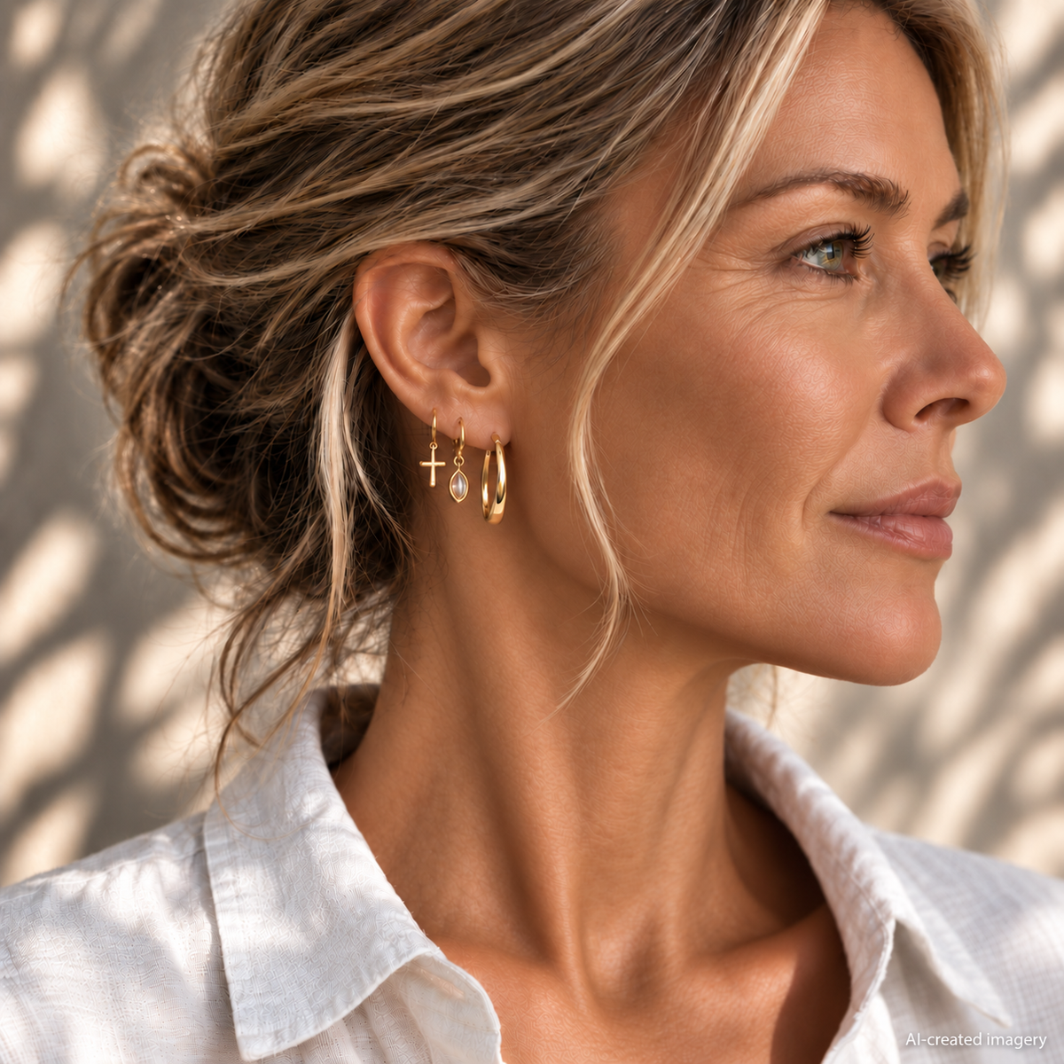 AI-created model wearing gold Classic Oval Link Earrings styled with smaller cross and marquise drop earrings.