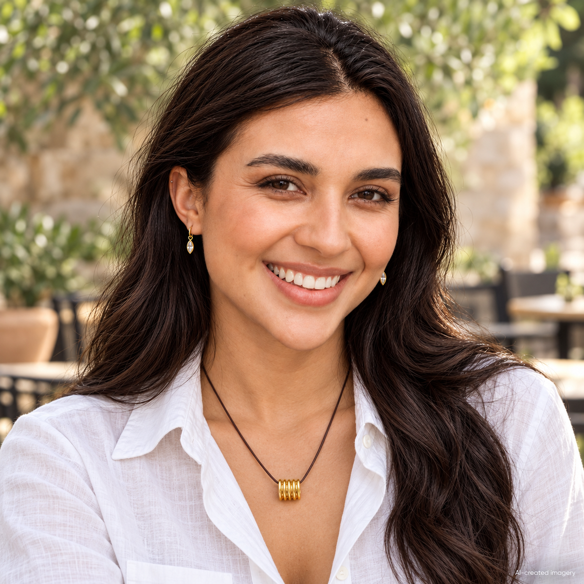 Beautiful model wearing gold Diamond-clear Single Drop earrings and a cord pendant necklace with an open white linen shirt on a garden terrace.