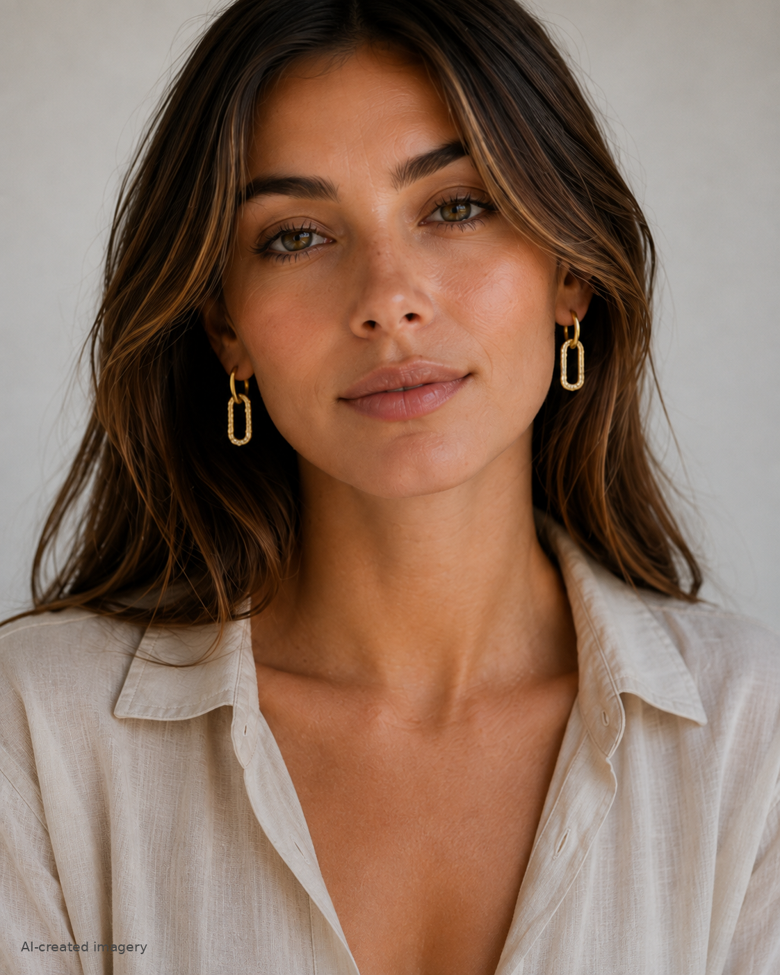 Woman wearing Queen of the Foxes gold-plated Madison Earrings with rectangular drops, styled with a white linen shirt.
