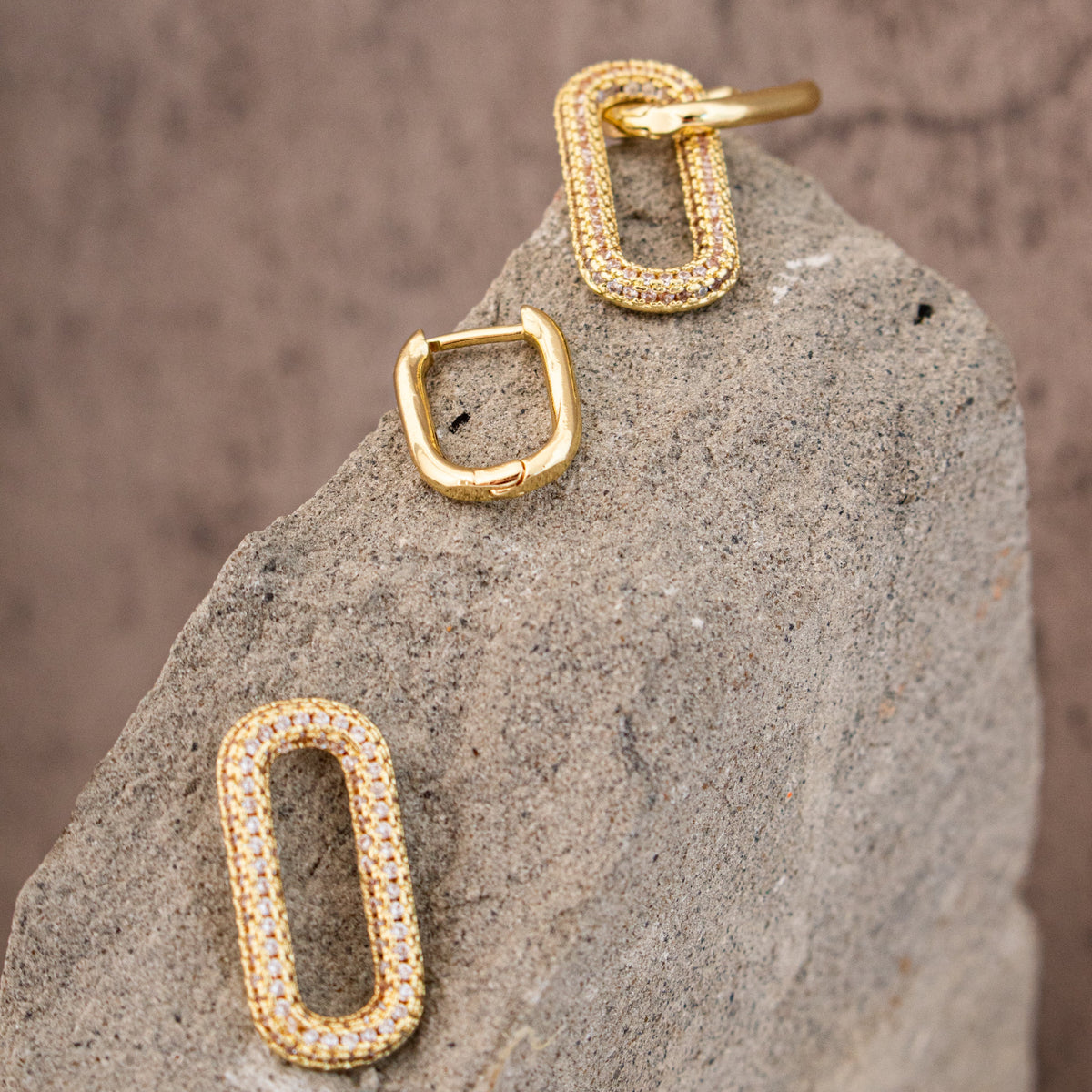 Queen of the Foxes gold-plated Madison Earrings shown three ways: zirconia stones facing forward, plain gold reverse, and hoops with the drops removed.