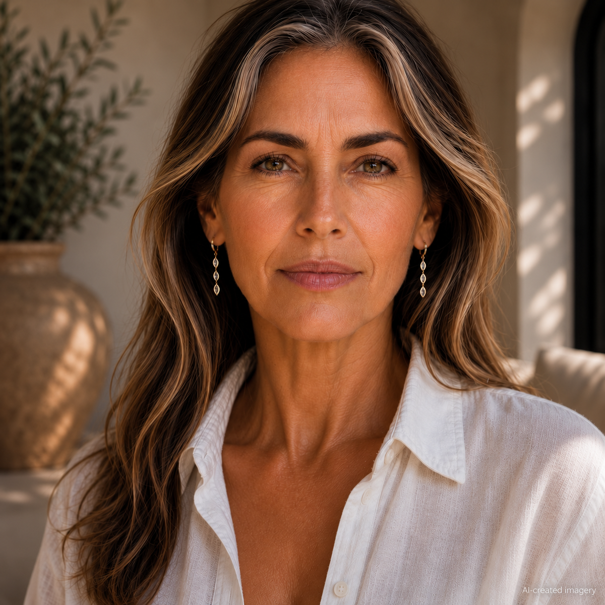 Model wearing Marquise Triple Drop earrings and an open white shirt.