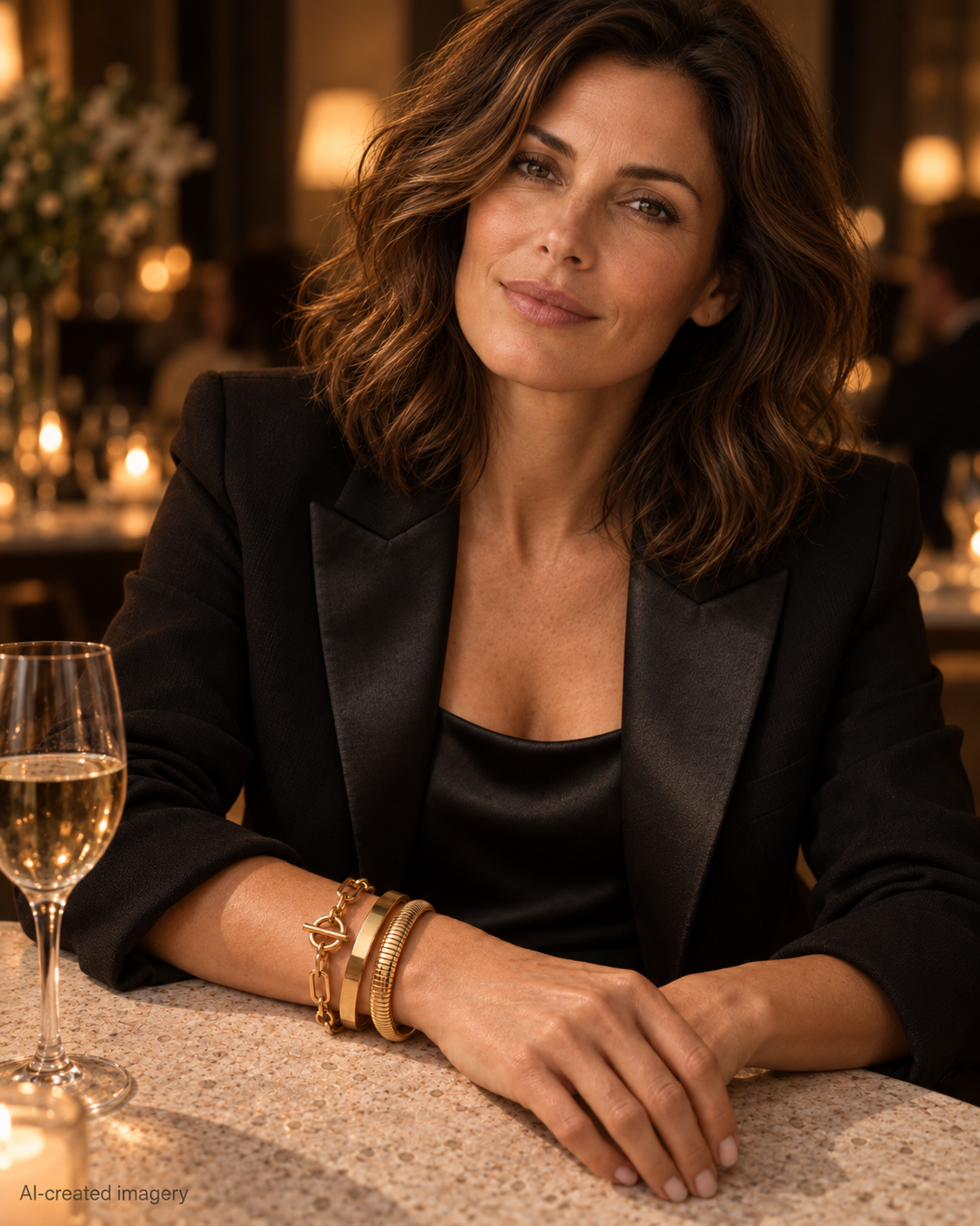 Woman in a black satin-trimmed jacket wearing the Queen of the Foxes Medium Banded Bracelet with two other gold bracelets at a candlelit restaurant table.