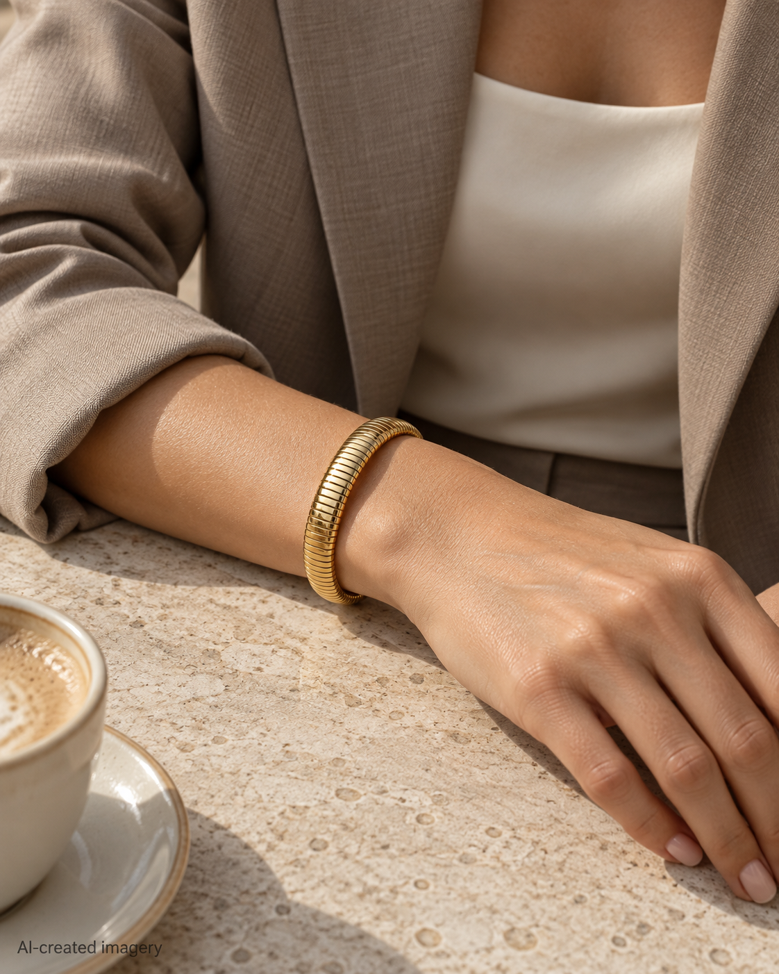 Close-up of a woman wearing the Queen of the Foxes gold-plated Medium Banded Bracelet with a taupe blazer and ivory top. Arm resting on a textured stone surface next to a cup of coffee.
