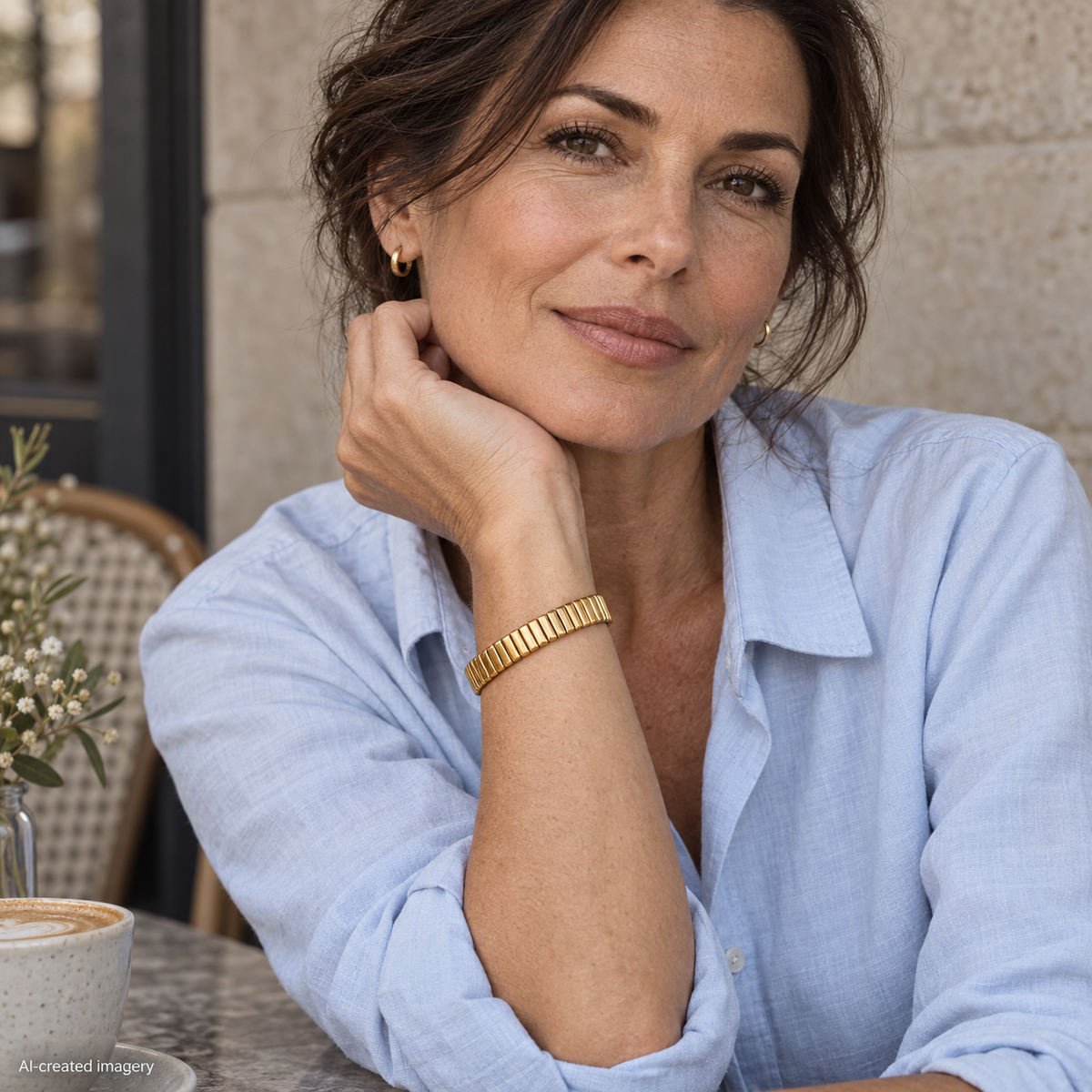 Gold Medium Flexi Bracelet with smooth rectangular links, worn on a model’s raised wrist with a pale blue shirt at a café.
