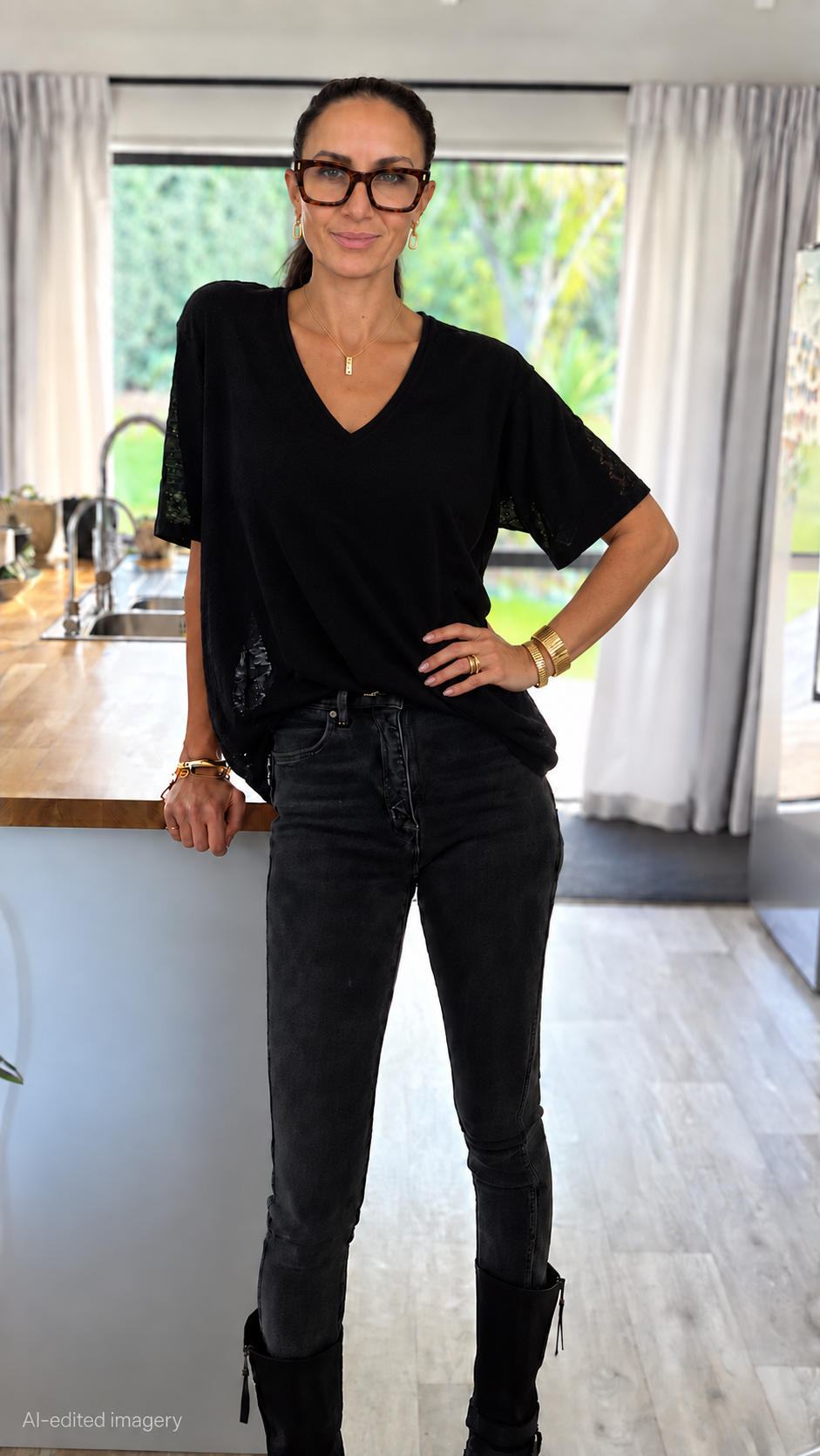 Gold Medium and Wide Flexi Bracelets stacked on a model’s wrist, with her hand on her hip, wearing a black top and jeans.