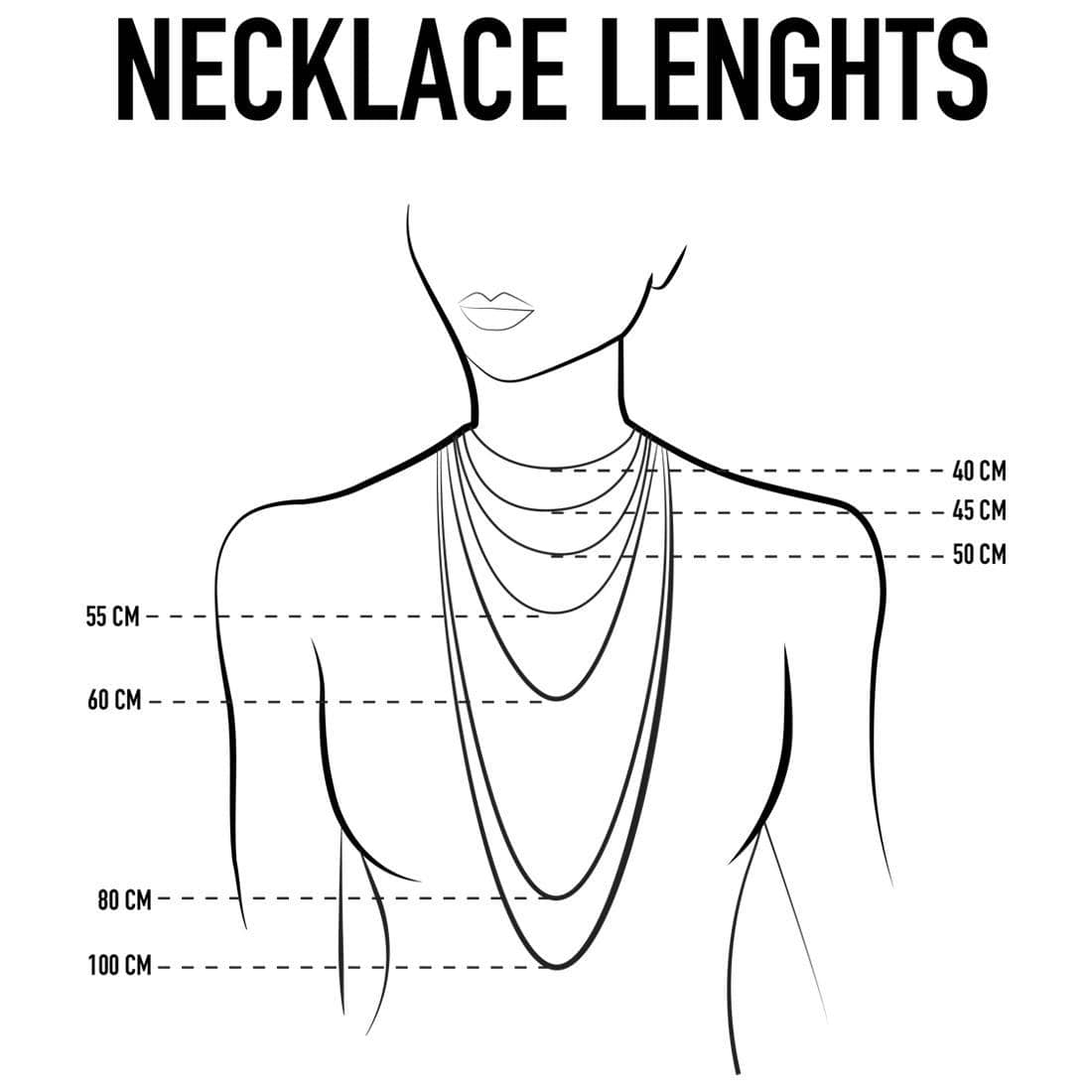 Necklace length guide illustrating where 40, 45, 50, 55, 60, 80 and 100cm chains approximately sit on the body.