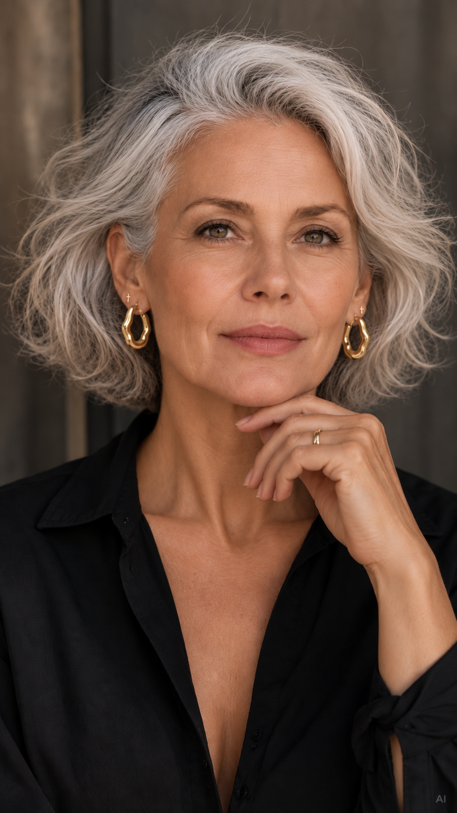 AI-created model facing the camera, wearing gold Organic Hoop Earrings with tiny cross studs and a black shirt.