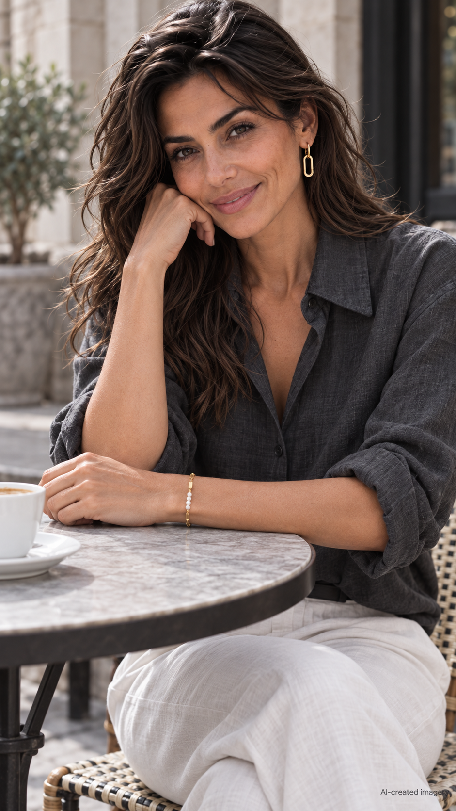 Pearl + Chain Bracelet with gold links and white faux pearls, worn by a model in a charcoal linen shirt at an outdoor café.