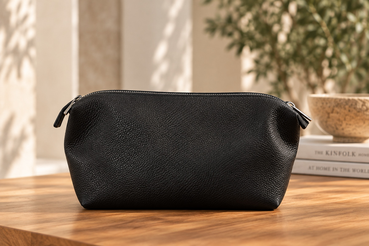 Black vegan leather removable dumpling bag with zip closure, included with the Perfect Tote.