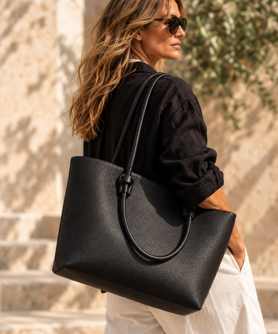 A woman wearing a black shirt and white pants carries a large black pebbled leather tote bag with double top handles in an outdoor setting with warm sunlight and stone steps in the background.
