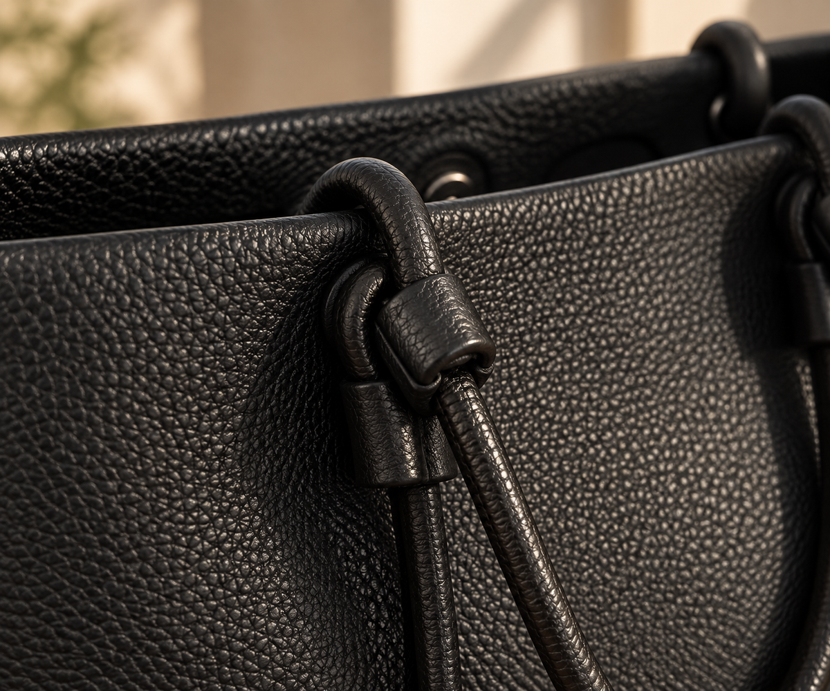 Close-up of the black Perfect Tote showing pebbled vegan leather and knotted handle detailing.