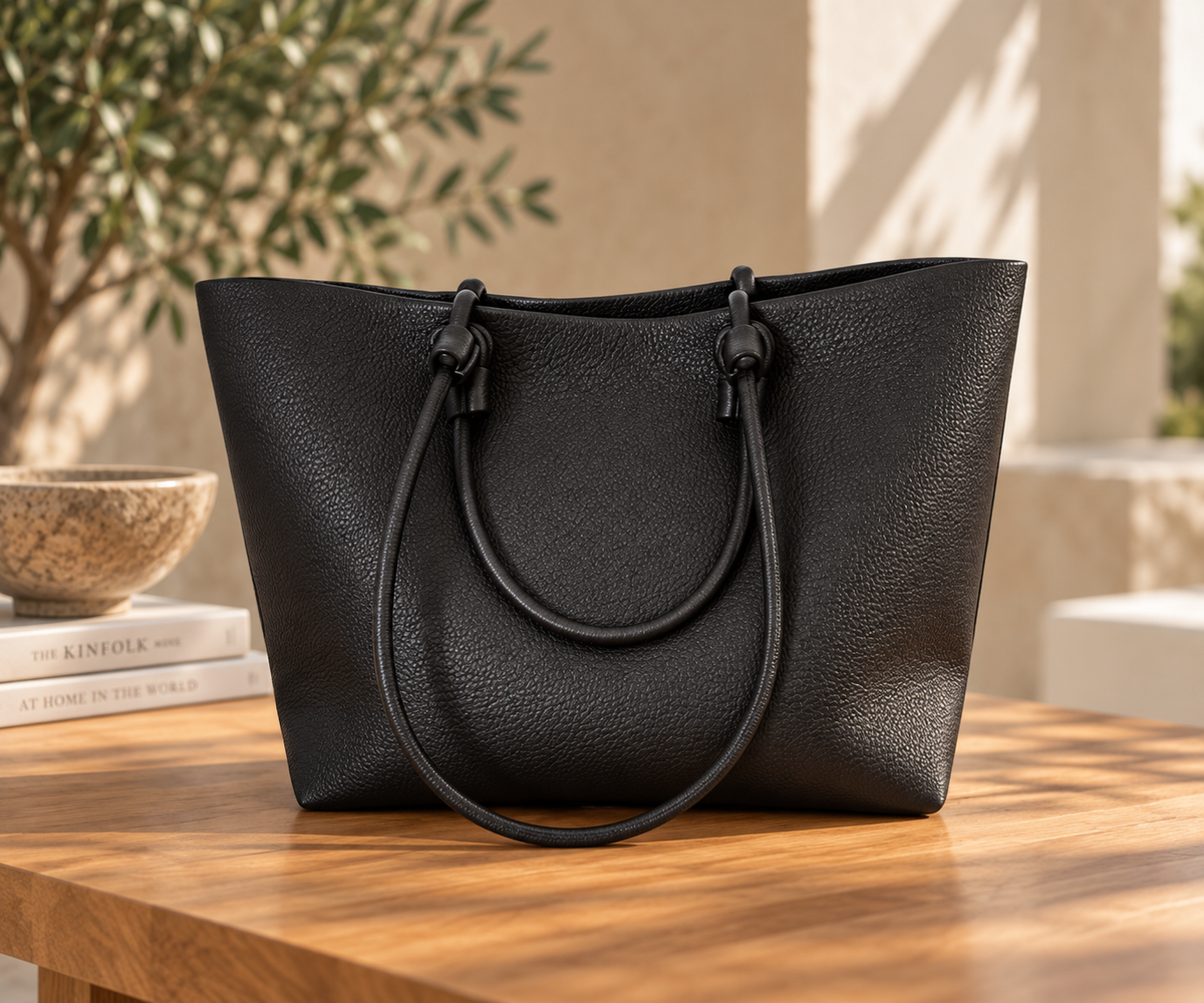Black vegan leather Perfect Tote with pebbled texture, slim handles and knotted strap detailing.