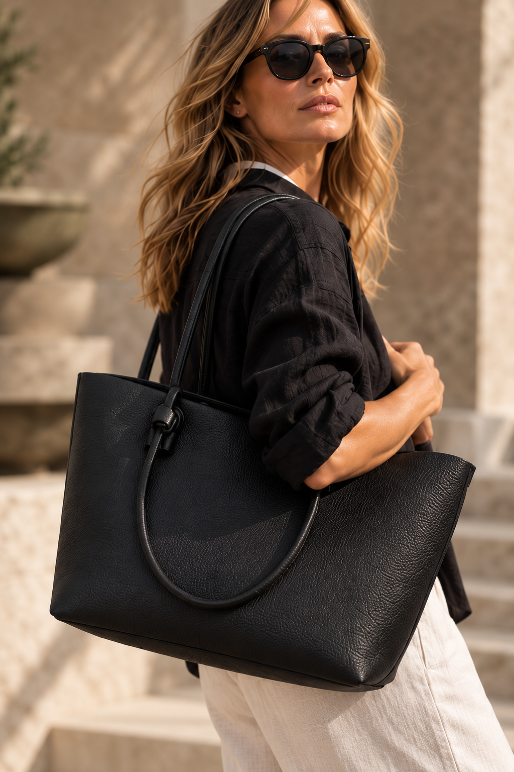 Woman carrying the Queen of the Foxes black vegan leather Perfect Tote with long shoulder handles.