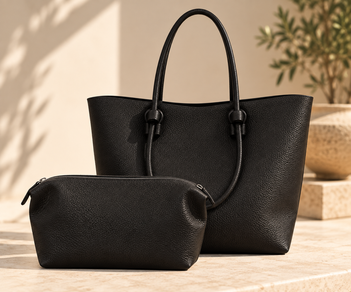 Black Perfect Tote with matching removable vegan leather dumpling bag shown together.
