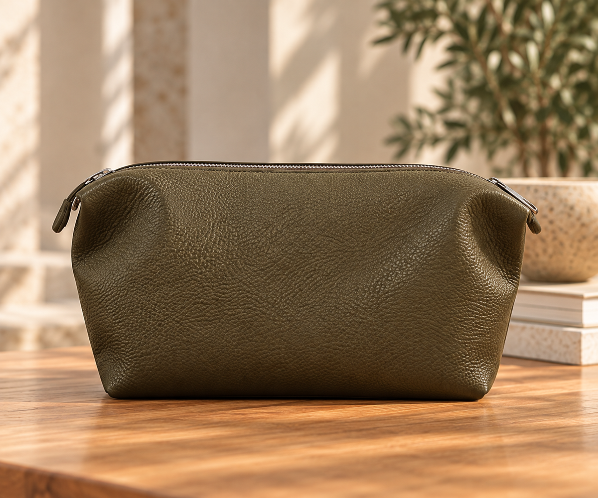 Olive vegan leather removable dumpling bag with zip closure, included with the Perfect Tote.