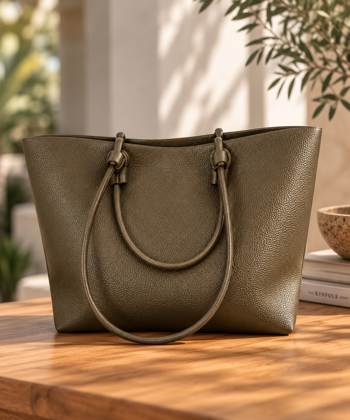 Olive vegan leather Perfect Tote with pebbled texture, slim handles and knotted strap detailing.