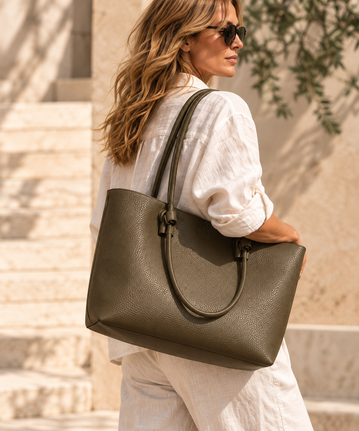 Woman carrying the Queen of the Foxes olive vegan leather Perfect Tote with long shoulder handles.