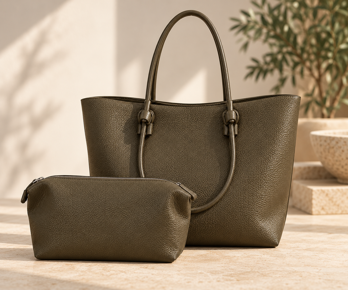 Olive Perfect Tote with matching removable vegan leather dumpling bag shown together.